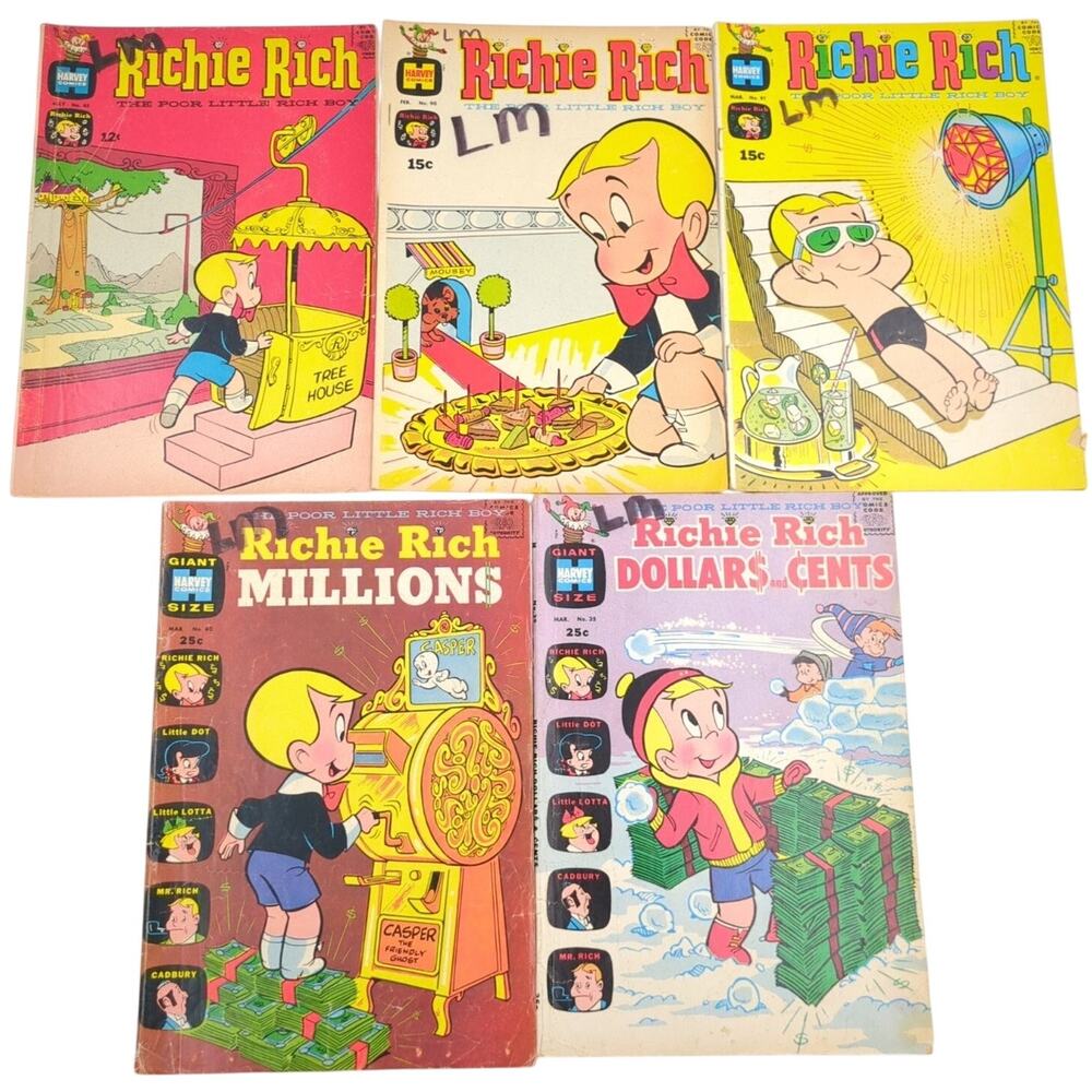 Richie Rich Comic Lot 5 Issues #35, 40, 45, 90, 91 Harvey Comics VTG Mid Grade